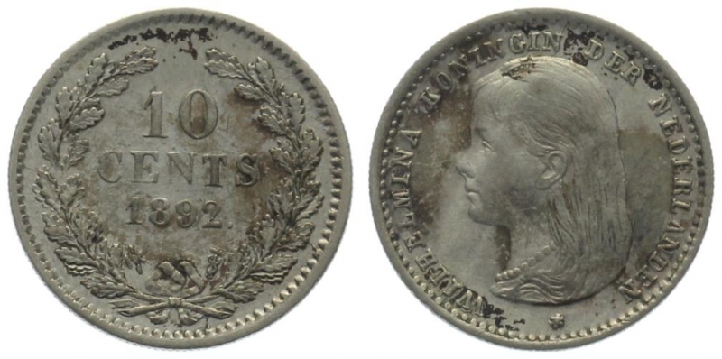 Niederlande 10 Cents 1892 - Wilhelmina I. - Langhaar